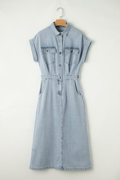 Elegant Denim Dress with Short Batwing Sleeves