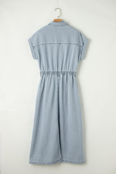 Elegant Denim Dress with Short Batwing Sleeves