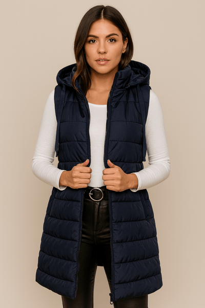 ELENA | CASUAL SLEEVELESS HOODED LONG PUFFER VEST