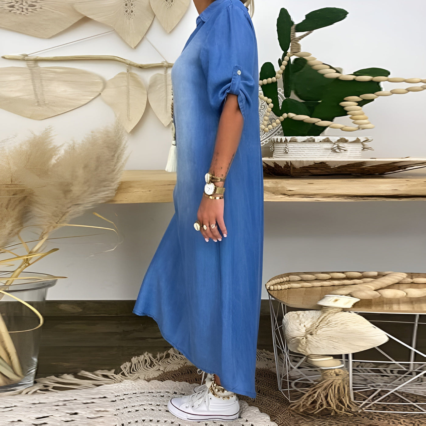 Denim Dress with V-Neck