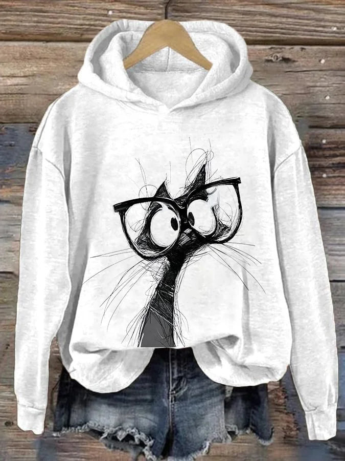 Women's Artistic Hand-Painted Animal Cat Print Hoodie
