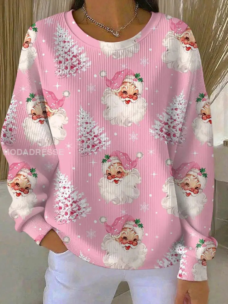 Women's Christmas Tree Santa Print Ribbed Round-Hack Sweatshirt