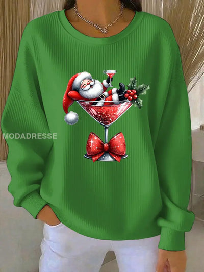 Women's Christmas Santa Printed Ribbed Round Neck Sweaters