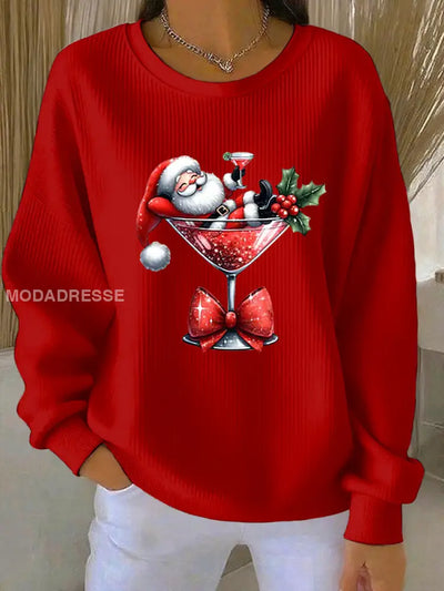 Women's Christmas Santa Printed Ribbed Round Neck Sweaters