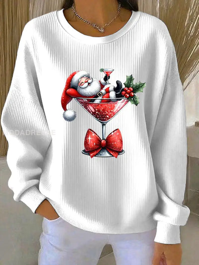 Women's Christmas Santa Printed Ribbed Round Neck Sweaters