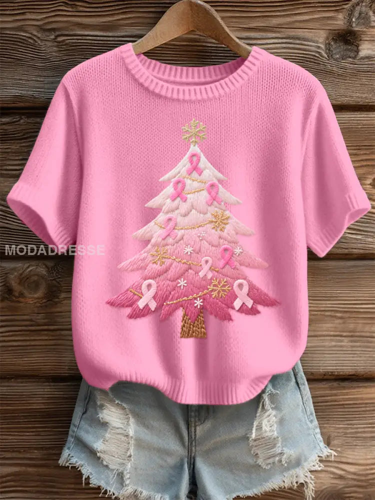 Women's Pink Christmas Tree Embroidered Cozy Knit Top