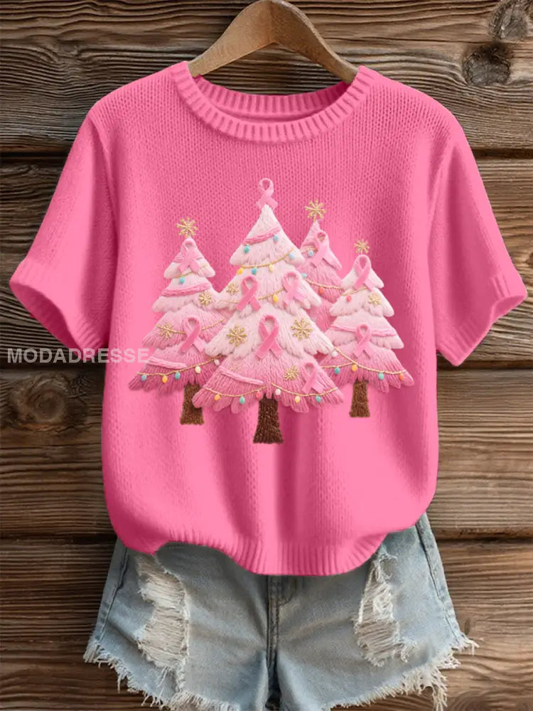 Women's Pink Christmas Tree Embroidered Cozy Knitted Top