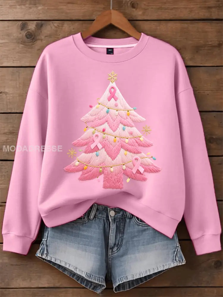Women's Pink Christmas Tree Embroidered Sweaters