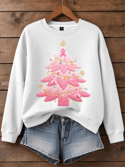 Women's Pink Christmas Tree Embroidered Sweaters