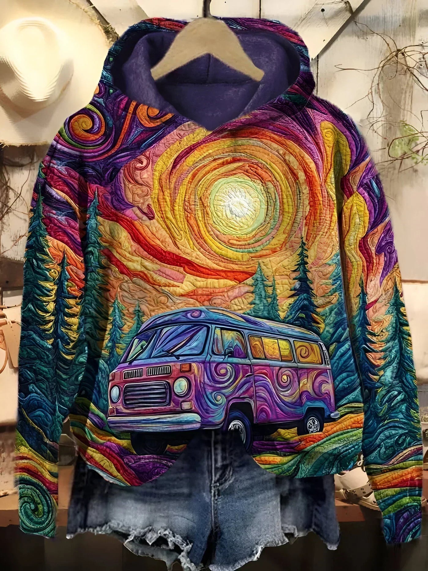 SARA™ | Colorful hoodie with van and sunset