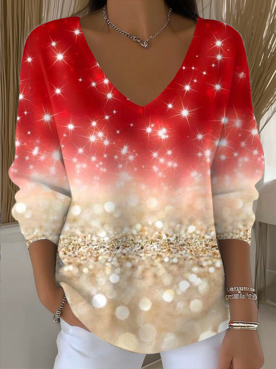 Vintage Red Sparkling V-Neck Women's Top for Christmas