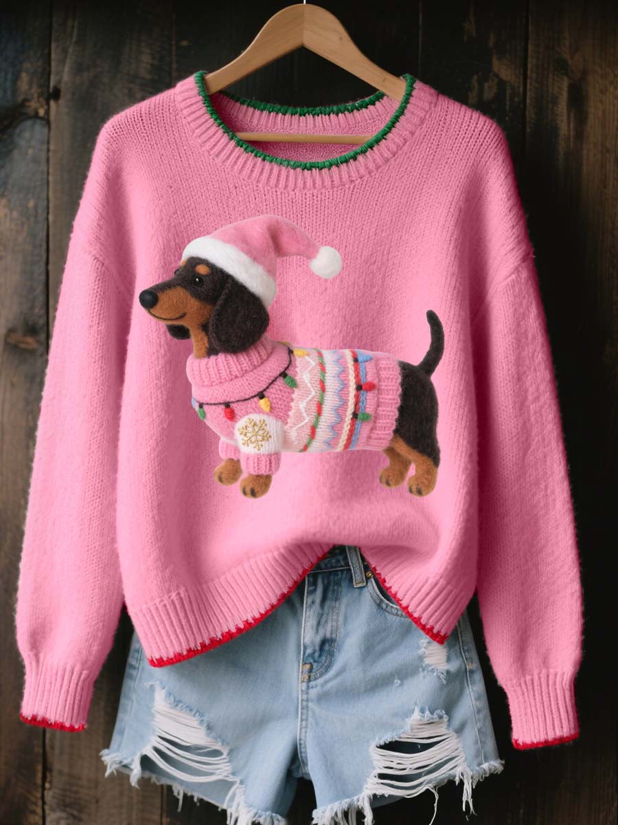 Lovely Christmas Dachshund Felt Art Pullover in Comfortable Knit for Women