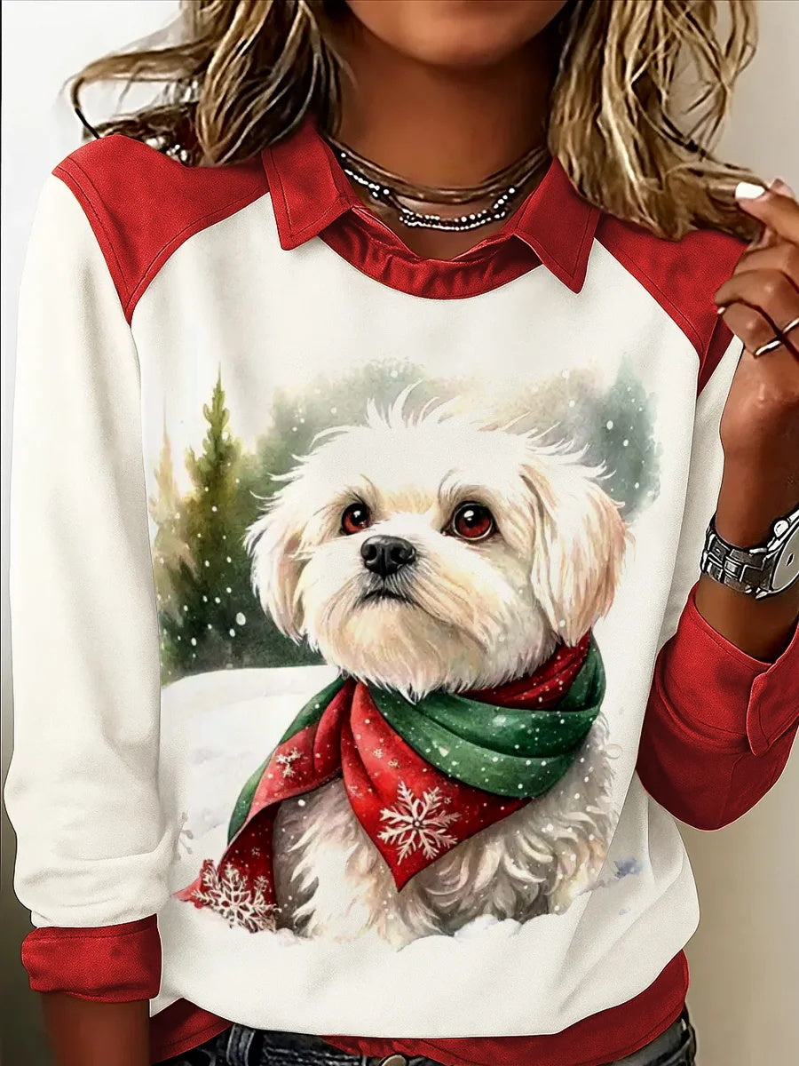 Casual Christmas Dog Print Top for Women