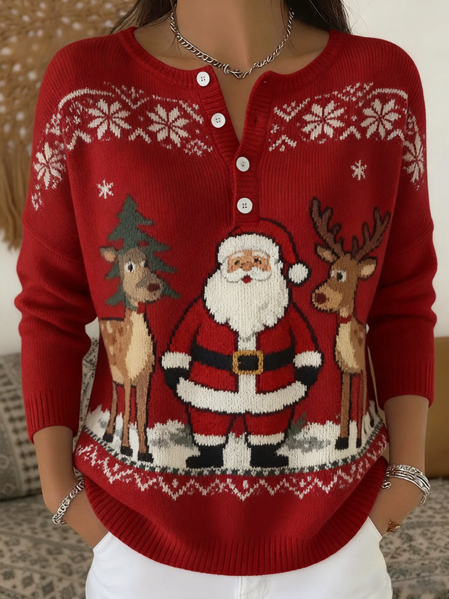 Christmas Women Santa Claus and Reindeer Print Casual Long Sleeve Top