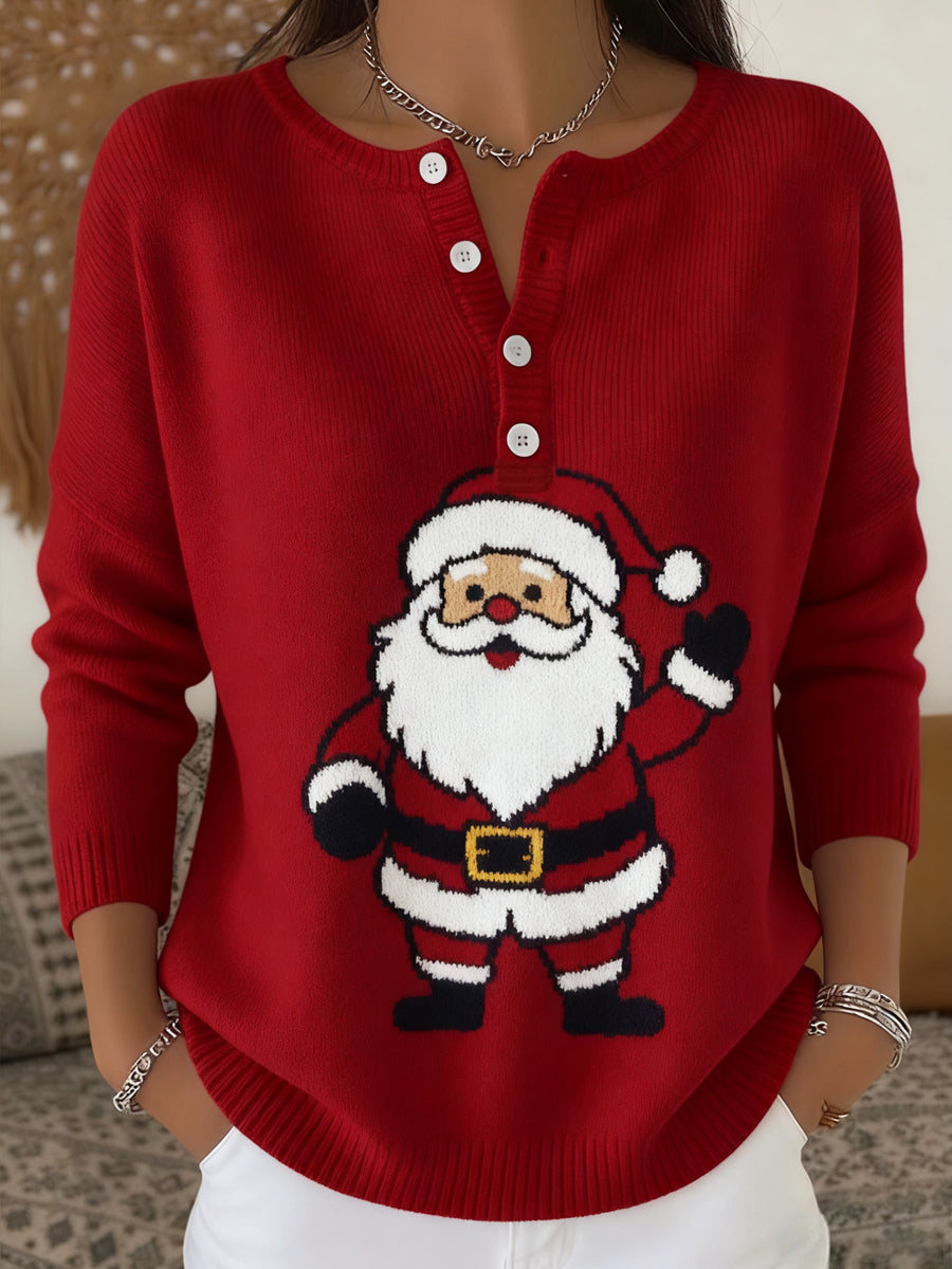Christmas Women Santa Print Buttons Casual Long Sleeve Top