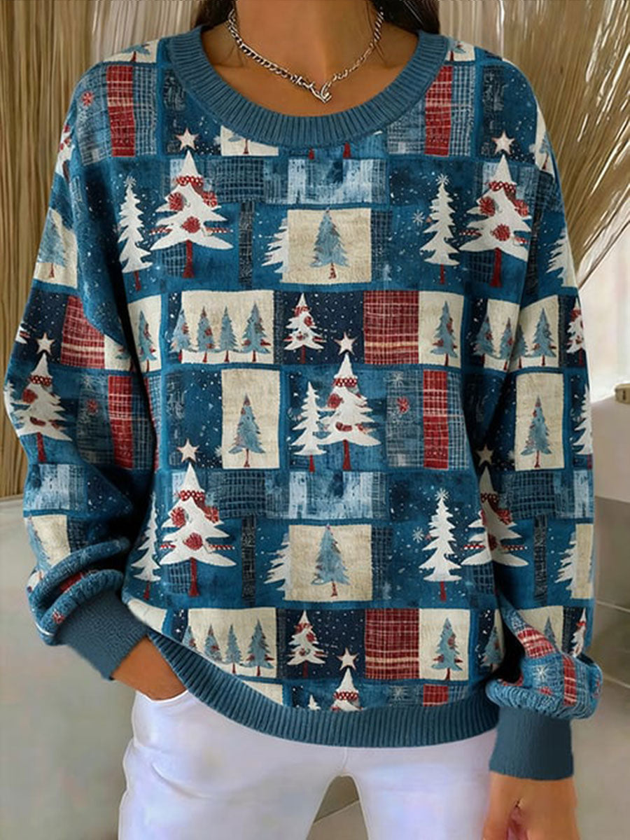 Women's Ribbed Christmas Tree Sweatshirt Round Neck