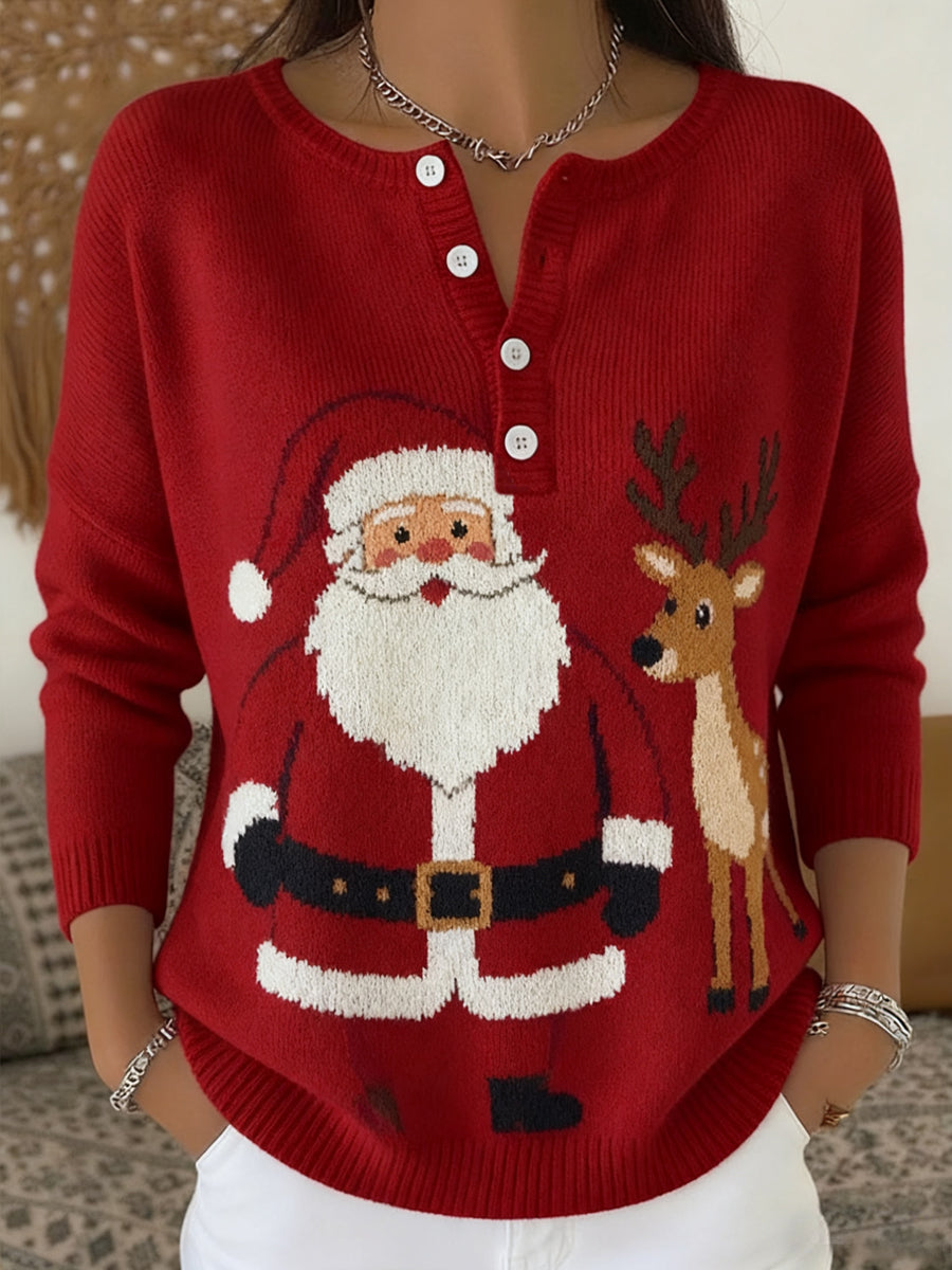 Christmas Women Santa Claus and Reindeer Print Casual Long Sleeve Top