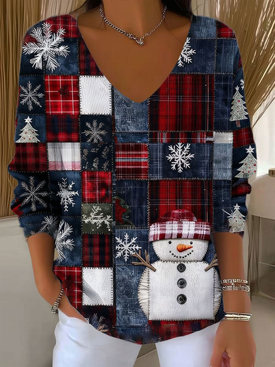 Christmas Snowman Ribbed Top for Women V-Neck