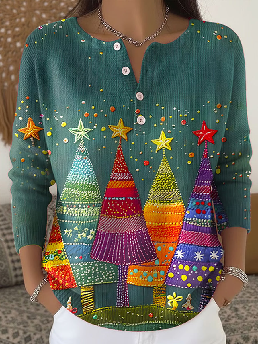 Christmas Tree Print Buttoned Top for Women