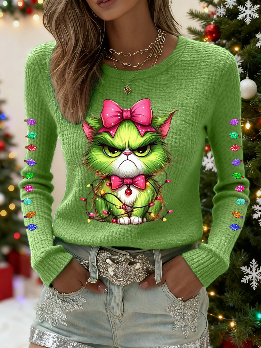 Funny Christmas Grinch Cat Print Waffle Top casual for women