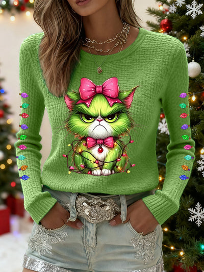 Funny Christmas Grinch Cat Print Waffle Top casual for women