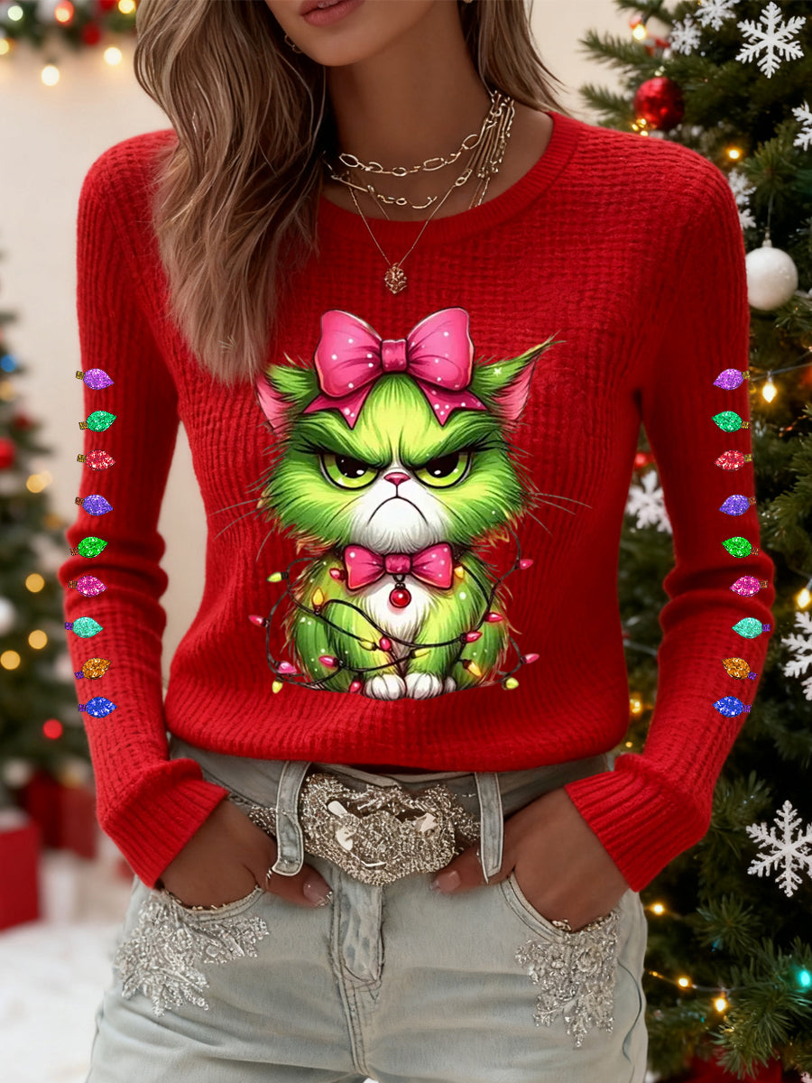 Funny Christmas Grinch Cat Print Waffle Top casual for women