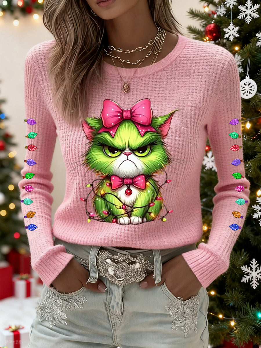 Funny Christmas Grinch Cat Print Waffle Top casual for women