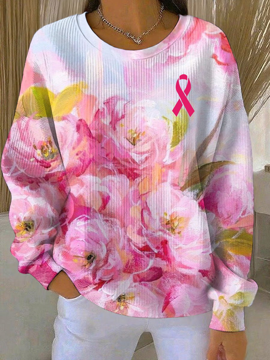 Women's Breast Cancer Pink Floral Print Casual Sweatshirt