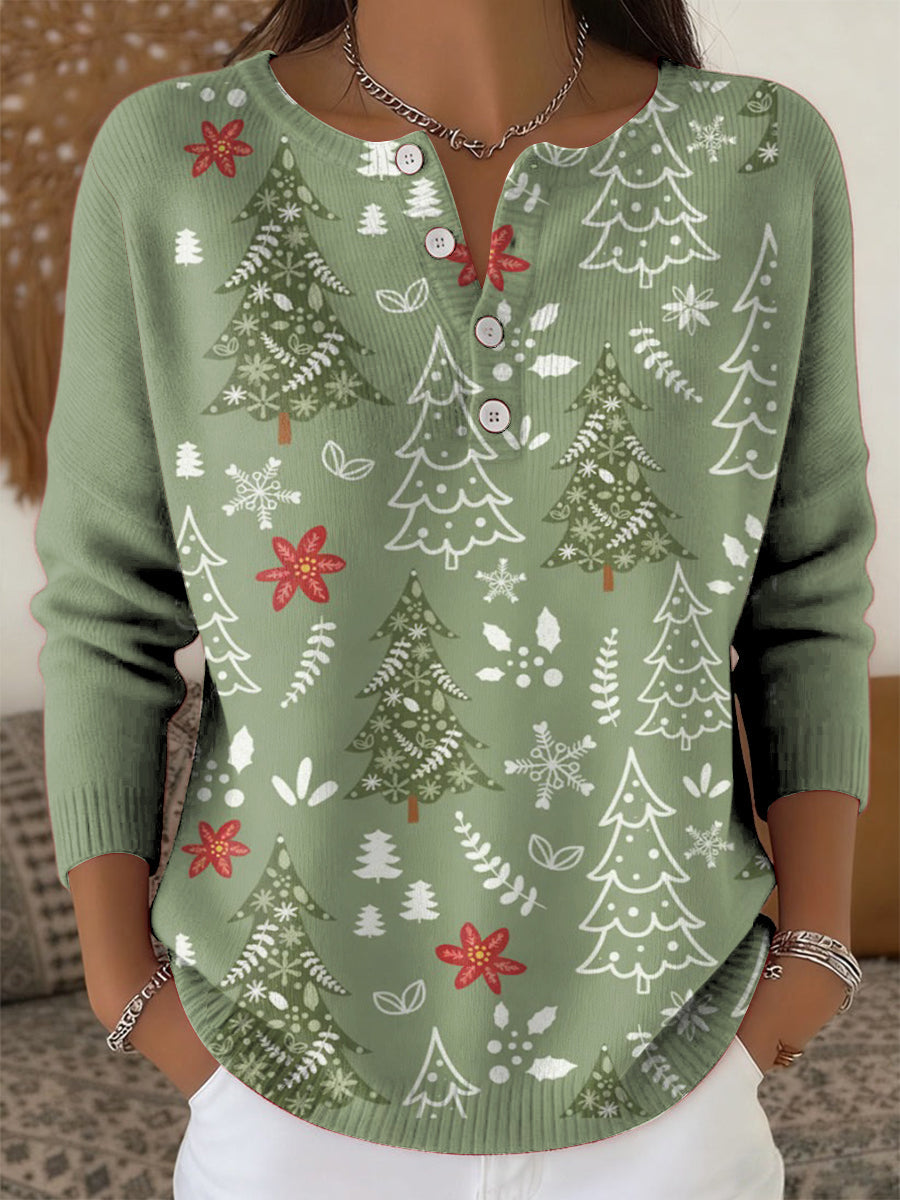 Women's Christmas Tree Art Printed Buttoned Cardigan Sweater