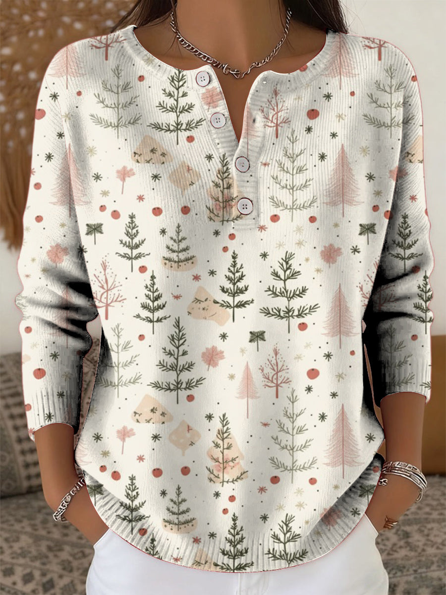 Women’s Christmas Tree Art Printed Buttoned Cardigan Sweater