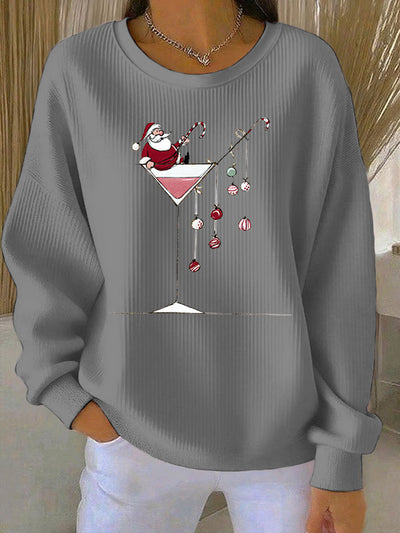 Women's Ribbed Printed Christmas Santa Crewneck Sweatshirt