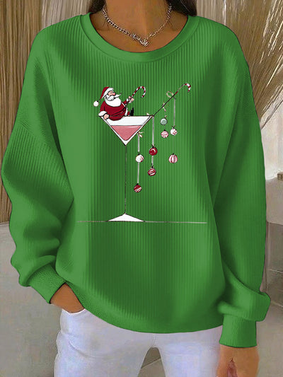 Women's Ribbed Printed Christmas Santa Crewneck Sweatshirt