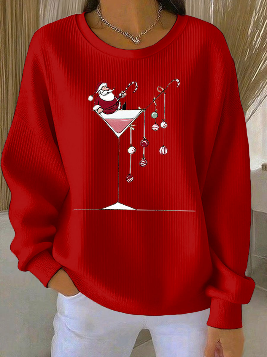 Women's Ribbed Printed Christmas Santa Crewneck Sweatshirt