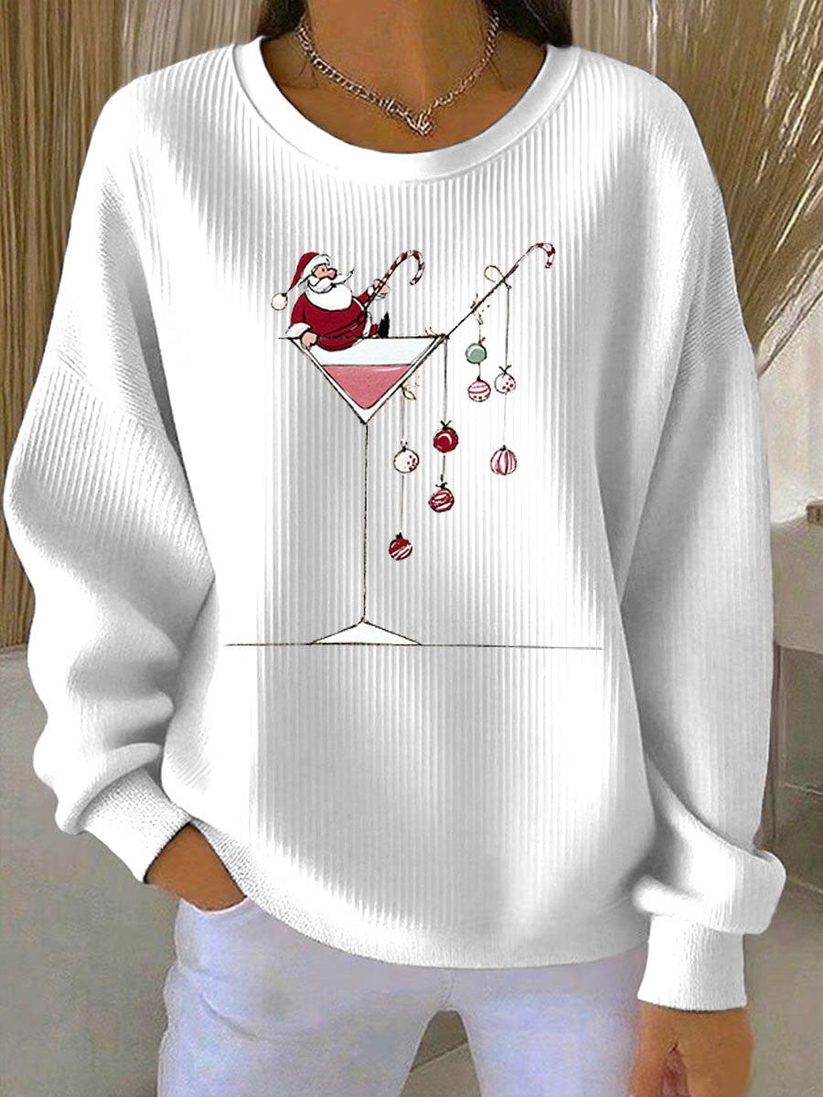 Women's Ribbed Printed Christmas Santa Crewneck Sweatshirt