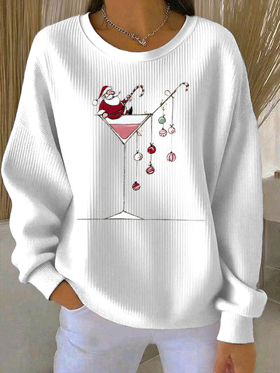 Women's Ribbed Printed Christmas Santa Crewneck Sweatshirt