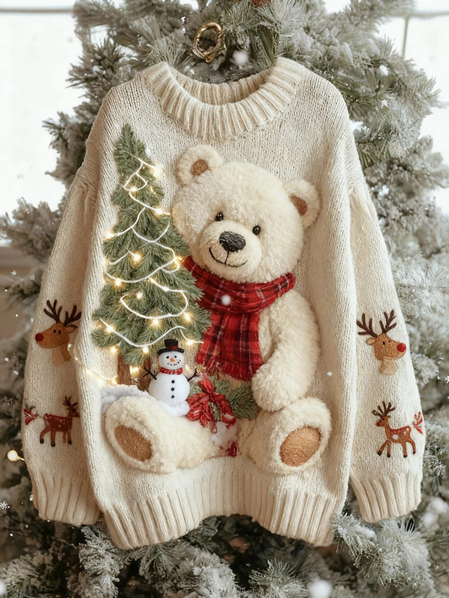Vintage Christmas Bear Tree Knit Sweater for Women