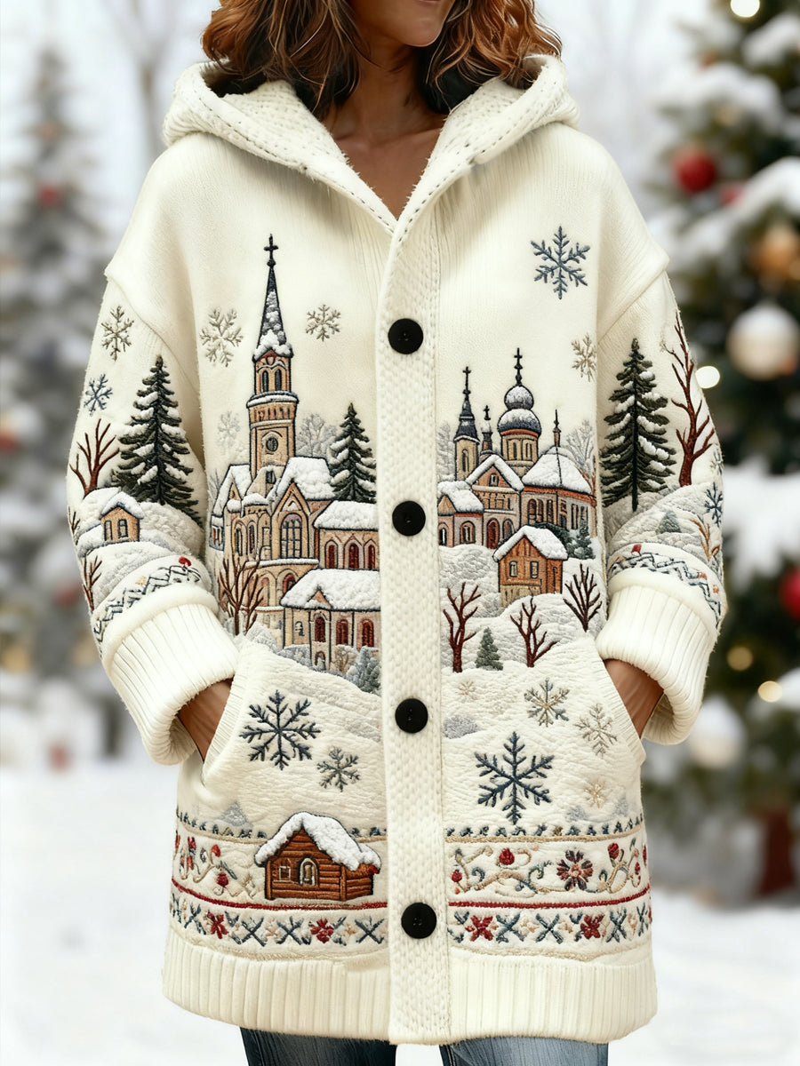 Casual mid-length hooded cardigan with Christmas snow scene print for women