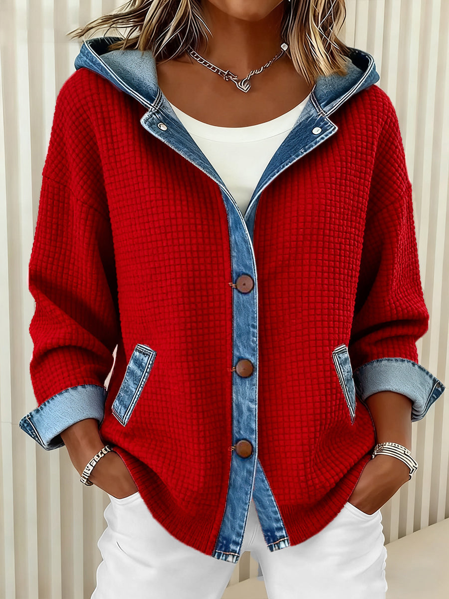 Women's Fashion Patchwork Design Waffle Hoodie Cardigan