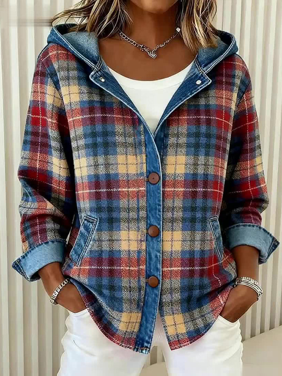 Vintage Plaid Pattern Patchwork Art Hoodie Cardigan for Women