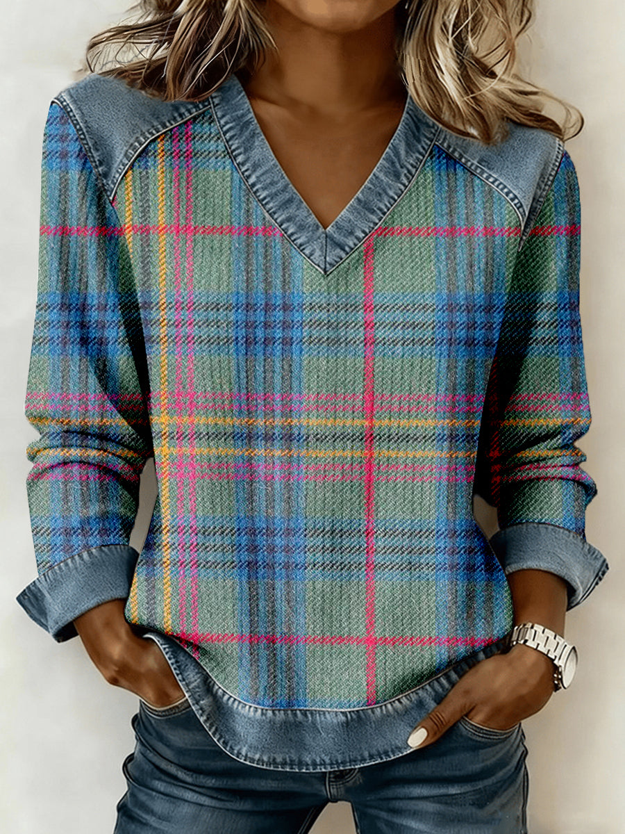 Retro Plaid Patchwork Art V-Neck Women's Top