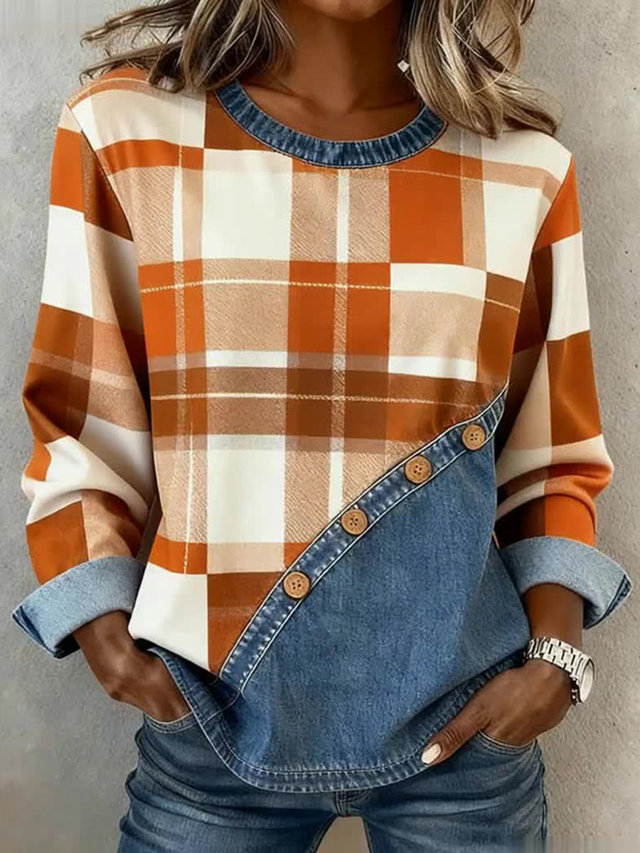 Autumn Plaid Patchwork Art Sweatshirt for Women