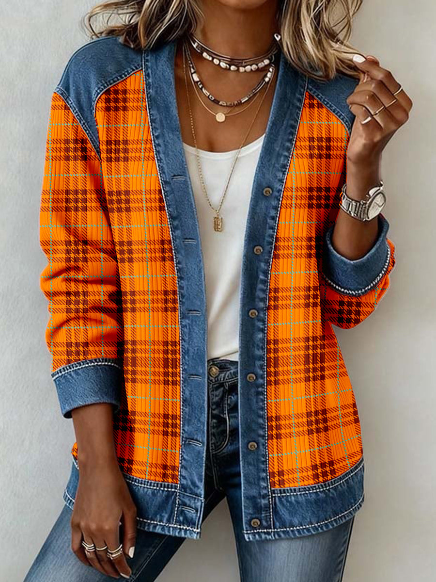 Women's Autumn Patchwork Plaid Pattern Art Cardigan