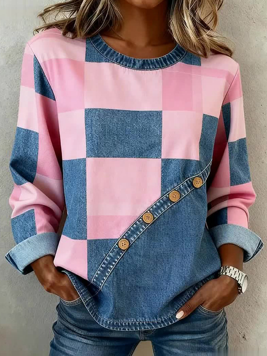 Rose and Blue Patchwork Art Sweatshirt for Women Plaid Pattern